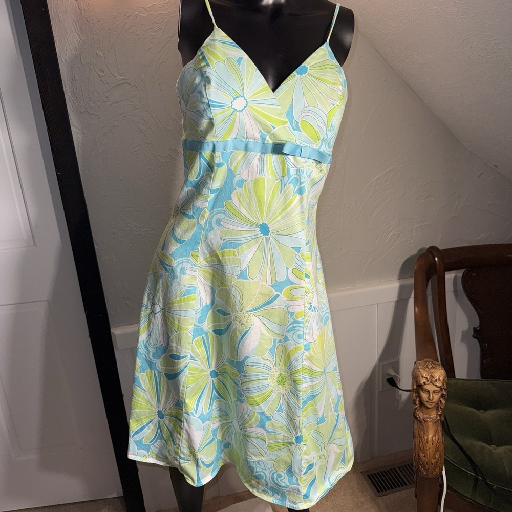 B.Smart A-Line Mini SunDress Empire Waist Fit&Flare Aqua,Lime Floral 11/12 '70's